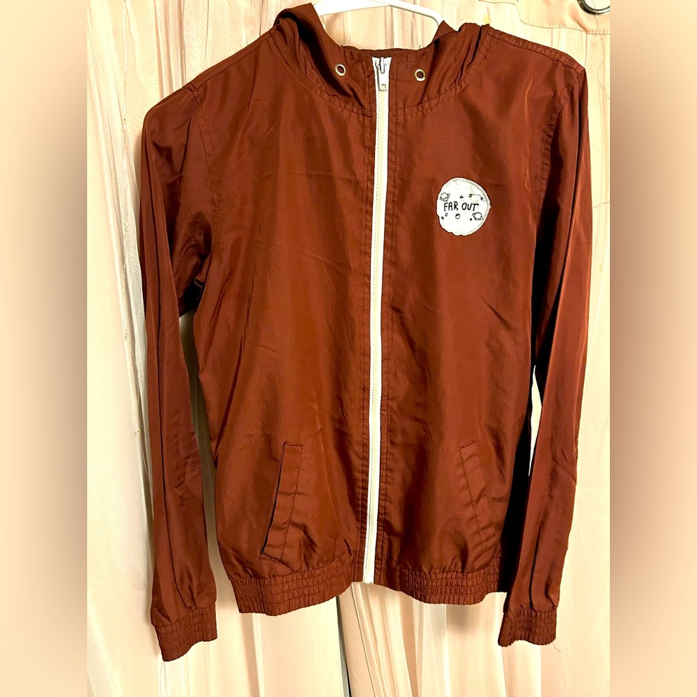 a.lab Far Out Space Red Burgundy Maroon Zip Up Hoodie Coat Windbreaker